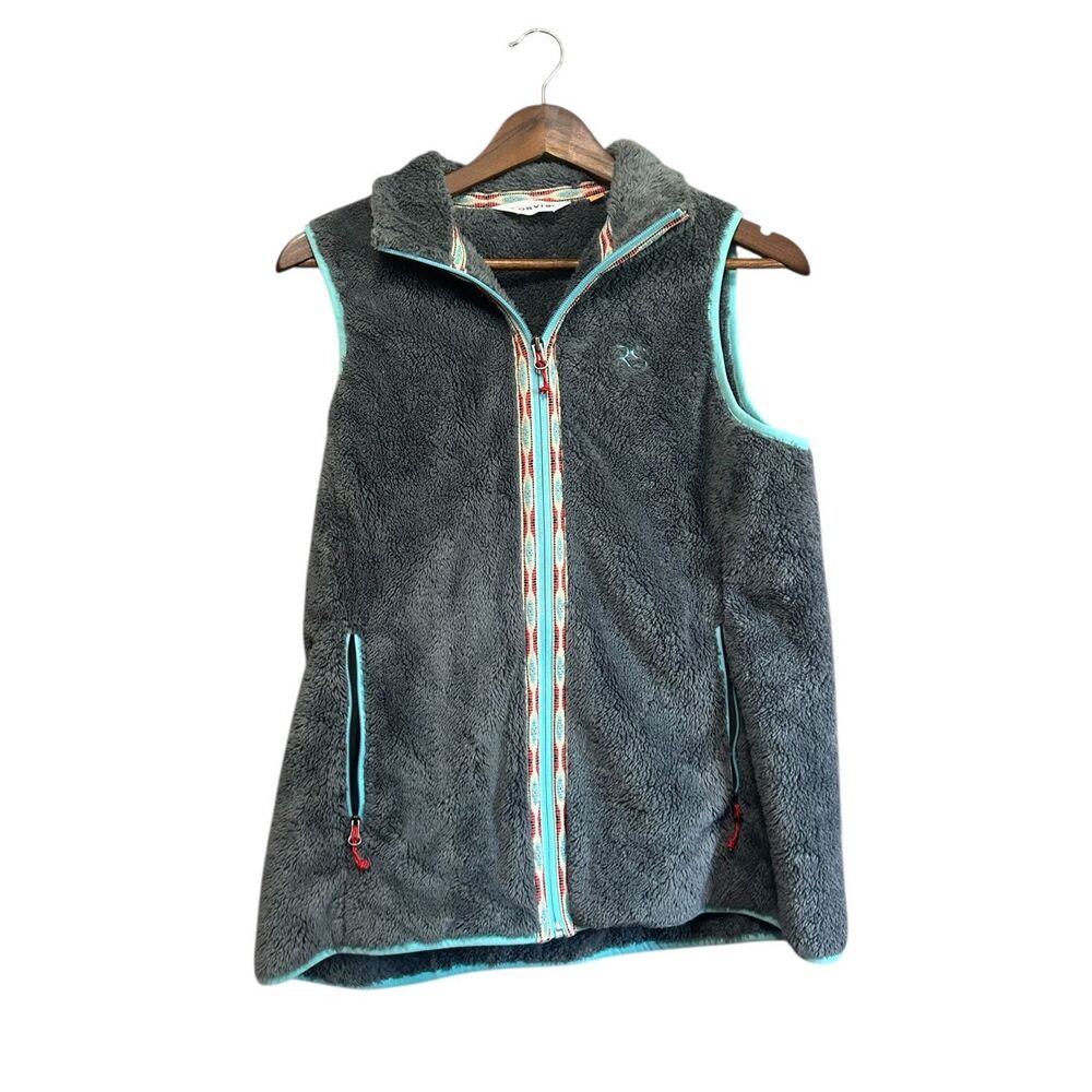 Orvis Fleece Vest‎ Full Zip Gray Teal Trim Sleeveless Outdoor Hiking Casual